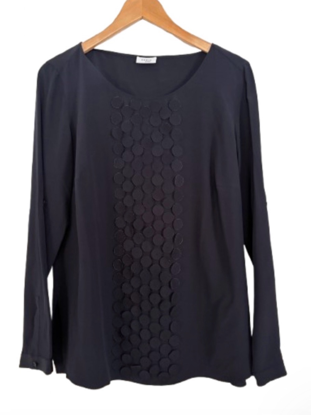AKRIS Punto Silk Long Sleeve Black Circle Panel  Scoop Neck Blouse Women’s 12 XL